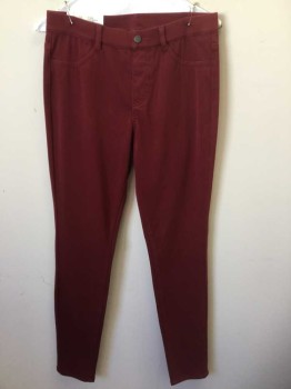 UNIQLO, Dk Red, Cotton, Spandex, Solid, Dark Red Jean-cut, Fake Zip Front, Pull-up, 2  Fake Wedge Pockets