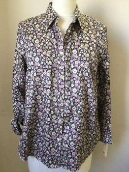 Womens, Blouse, CHAPS, Navy Blue, Cream, Lavender Purple, Cotton, Floral, 1X, Long Sleeves, Button Front, Collar Attached,
