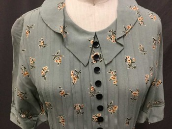 CHRISTY DAWN, Sage Green, Cream, Brown, Olive Green, Tan Brown, Polyester, Floral, Light Sage W/brown,tan,cream,olive Floral Print, Collar Attached, Black Button Front, Vertical Pleats Front, Short Sleeves W/cuffs, Black Zip Back, 3/4 Length