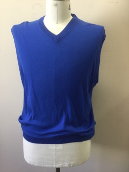 PAUL FREDRICK, Royal Blue, Silk, Cotton, Solid, Pullover, V-neck, Ribbed Neck/Sleeves/Waistline