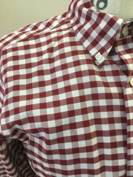 BROOKS BROTHERS, Wine Red, White, Cotton, Check , Button Front, Collar Attached, Long Sleeves, Button Down Collar