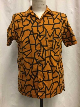 NUDIE, Orange, Black, Cotton, Abstract , Orange, Black Abstract Print, Button Front, Collar Attached, Short Sleeves, 1 Pocket,