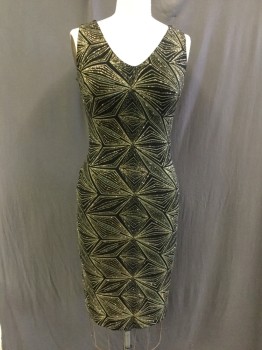 Womens, Cocktail Dress, CLOTH & PEOPLE, Black, Gold, Spandex, Geometric, 29, 36, V-neck, Sleeveless, Body Contour, Optical Glitter Design, V-back with Yoke Strap