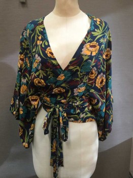 TYSA, Navy Blue, Mustard Yellow, Lime Green, Teal Blue, Wine Red, Rayon, Floral, Cross Over Wrap Style V-neck, with Kimono Sleeves