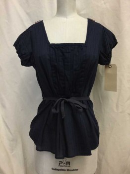 MARC BY MARC JACOBS, Navy Blue, Cotton, Solid, Sheer Navy with Self Stripe, Gathered Bust Detail, Square Neck, Short Sleeves, Self Tie Belt