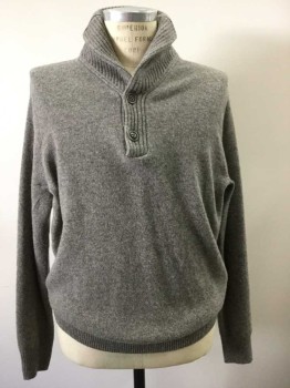 Mens, Pullover Sweater, J Crew, Slate Gray, Wool, Large, Shawl Collar, 2 Buttons,