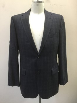 Mens, Sportcoat/Blazer, HUGO BOSS, Navy Blue, Blue, Brown, Silk, Wool, Check , 42L, Single Breasted, Collar Attached, Notched Lapel, 3 Pockets, 2 Buttons