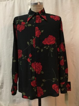 Mens, Casual Shirt, BC ETHIC, Black, Red, Green, Polyester, Floral, L, Black, Red/green Floral Print, Button Front, Collar Attached, Long Sleeves,