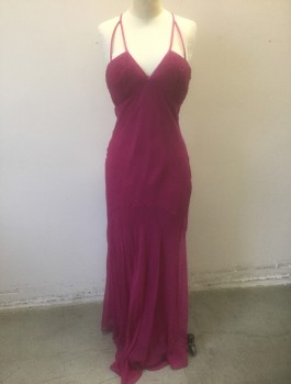 Womens, Evening Gown, MORRELL MAXIE, Magenta Pink, Silk, Polyester, Solid, B:36, Sz.10, W:30, Chiffon Over Opaque Under-Layer, Finely Pleated Detail at Bust, Spaghetti Straps That Cross in Back, with Triangular Detail at Front, V-neck, Empire Waist, Bias Cut, Floor Length