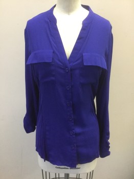 I.N.C., Royal Blue, Polyester, Rayon, Solid, Long Sleeve Button Front, Front Panel and Sleeves are Poly Crepe, Back Panel/Underarms is Jersey, Band Collar with V-neck, 2 Flap Pockets, Loops to Roll Up Sleeves
