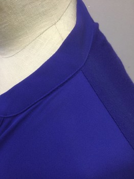 I.N.C., Royal Blue, Polyester, Rayon, Solid, Long Sleeve Button Front, Front Panel and Sleeves are Poly Crepe, Back Panel/Underarms is Jersey, Band Collar with V-neck, 2 Flap Pockets, Loops to Roll Up Sleeves