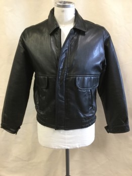 Mens, Leather Jacket, GA (Made In Italy), Black, Leather, Solid, L, Black with Black Diamond Quilt Lining, Collar Attached, Zip Front, & Snap Front, 2 Pockets with Fake Flap, Elastic Gathered Hem Back & Side