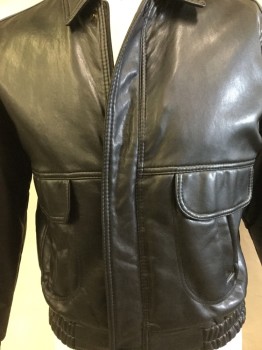 Mens, Leather Jacket, GA (Made In Italy), Black, Leather, Solid, L, Black with Black Diamond Quilt Lining, Collar Attached, Zip Front, & Snap Front, 2 Pockets with Fake Flap, Elastic Gathered Hem Back & Side