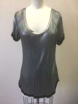 PHILOSOPHY, Silver, Black, Rayon, Spandex, Dots, Metallic Finely Dotted Pattern, Clubwear Tee, Short Sleeves, Scoop Neck, Raglan Sleeves, Black Trim at Arms and Hem