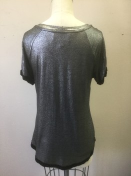 PHILOSOPHY, Silver, Black, Rayon, Spandex, Dots, Metallic Finely Dotted Pattern, Clubwear Tee, Short Sleeves, Scoop Neck, Raglan Sleeves, Black Trim at Arms and Hem