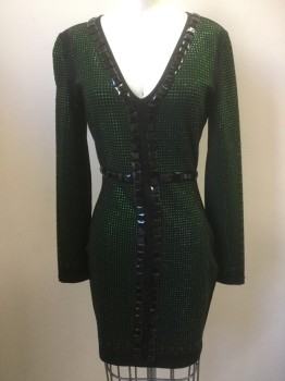 Womens, Cocktail Dress, MISS CIRCLE NY, Black, Green, Synthetic, Solid, Geometric, B 34, M, W 26, Black Knit Base, Small Green Rhinestones All Over, Large Square Black Gems Outline Neckline/Waist/Center Front, Long Sleeves, Center Back Zipper, V-neck,