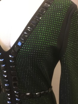 Womens, Cocktail Dress, MISS CIRCLE NY, Black, Green, Synthetic, Solid, Geometric, B 34, M, W 26, Black Knit Base, Small Green Rhinestones All Over, Large Square Black Gems Outline Neckline/Waist/Center Front, Long Sleeves, Center Back Zipper, V-neck,