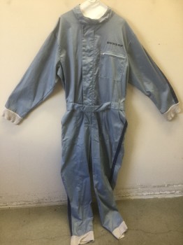 Mens, Coveralls Men, N/L, French Blue, Navy Blue, Poly/Cotton, Solid, XL, Racing Jumpsuit, Twill, Long Sleeves, Zip and Velcro Front, Navy Grosgrain Stripe at Outer Sleeve, "DUNLOP" Embroidered at Chest, Full Legs, Self Belt Attached at Waist with Velcro Closure, Off White Rib Knit Cuffs