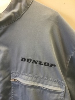 Mens, Coveralls Men, N/L, French Blue, Navy Blue, Poly/Cotton, Solid, XL, Racing Jumpsuit, Twill, Long Sleeves, Zip and Velcro Front, Navy Grosgrain Stripe at Outer Sleeve, "DUNLOP" Embroidered at Chest, Full Legs, Self Belt Attached at Waist with Velcro Closure, Off White Rib Knit Cuffs