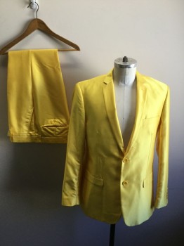 FERRECCI, Lemon Yellow, Polyester, Viscose, Solid, Flat Front, Button Tab,