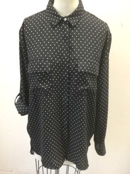 ZARA BASIC, Black, White, Polyester, Dots, Black with White Dots, Chiffon, Long Sleeve Button Front, Collar Attached, 2 Pockets with Flap Closures
