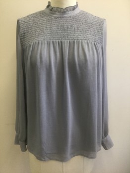 ANN TAYLOR, Gray, Polyester, Solid, Bumpy Textured Chiffon, Long Sleeves, High Round Neck with Ruffled Edge, Smocked Yoke at Upper Chest, 1 Button Closure at Center Back Neck
