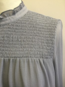ANN TAYLOR, Gray, Polyester, Solid, Bumpy Textured Chiffon, Long Sleeves, High Round Neck with Ruffled Edge, Smocked Yoke at Upper Chest, 1 Button Closure at Center Back Neck