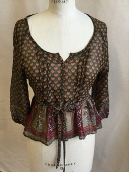 BAND OF GYPSIES, Olive Green, Orange, Maroon Red, Black, Gray, Polyester, Floral, Novelty Pattern, Scoop Neck with 3 Button Front, 2 Sets of  3 Vertical Pleats Front, 6" Gray/maroon Panel Print Hem,  Raglan 3/4 Sleeves with Matching Gray/maroon with Elastic Hem, with Self Thin Belt