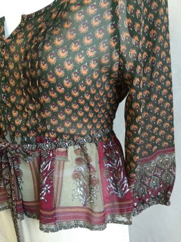 BAND OF GYPSIES, Olive Green, Orange, Maroon Red, Black, Gray, Polyester, Floral, Novelty Pattern, Scoop Neck with 3 Button Front, 2 Sets of  3 Vertical Pleats Front, 6" Gray/maroon Panel Print Hem,  Raglan 3/4 Sleeves with Matching Gray/maroon with Elastic Hem, with Self Thin Belt