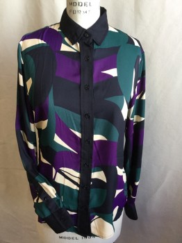 ANNE KLEIN, Black, Green, Purple, Beige, Polyester, Abstract , Solid Black Collar Attached, Front Center & Long Sleeves Cuffs, Button Front,