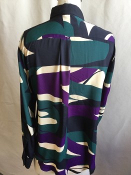 Womens, Blouse, ANNE KLEIN, Black, Green, Purple, Beige, Polyester, Abstract , B: 36, Solid Black Collar Attached, Front Center & Long Sleeves Cuffs, Button Front,