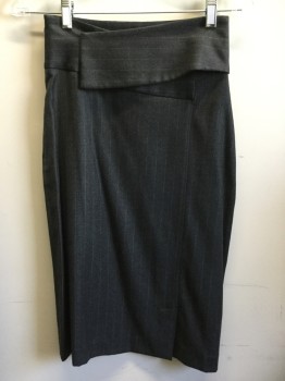 Womens, Suit, Skirt, EMPORIO ARMANI, Charcoal Gray, White, Stripes - Pin, Heathered, 24 W, 4, Hem Below Knee, Pencil Skirt, 4.5" Waistband with Tab Front Tacked Down, High Waisted, Side Zip, Off Center Front Vent, Off Center Back Vent