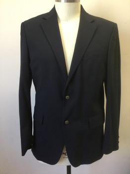 Mens, Sportcoat/Blazer, OSCAR DE LA RENTA, Navy Blue, Wool, Solid, 44L, Single Breasted, Notched Lapel, 2 Gold Metal Embossed Buttons, 3 Pockets, Solid Gray Lining