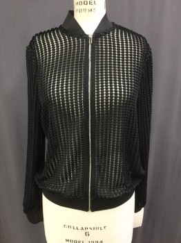 Womens, Casual Jacket, ZARA, Black, Polyester, Solid, Stripes, S, Bomber, Sheer with Pleated Ribbon Stripes, Elastic Collar/cuff and Waistband, Zip Front,