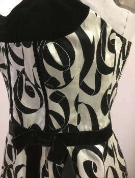 Womens, Cocktail Dress, NANETTE LEPORE, Off White, Black, Silk, Cotton, Swirl , Sz.2, Patterned Satin with Velvet Trim at Bust,, Waist and 1/2" Wide Straps, Self Bow at Side Waist, A-line, Knee Length, Gathered Tier/Ruffle at Bottom, Black Tulle Net Underneath, Mid - Late 2000's
