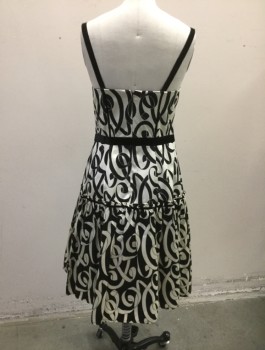 Womens, Cocktail Dress, NANETTE LEPORE, Off White, Black, Silk, Cotton, Swirl , Sz.2, Patterned Satin with Velvet Trim at Bust,, Waist and 1/2" Wide Straps, Self Bow at Side Waist, A-line, Knee Length, Gathered Tier/Ruffle at Bottom, Black Tulle Net Underneath, Mid - Late 2000's