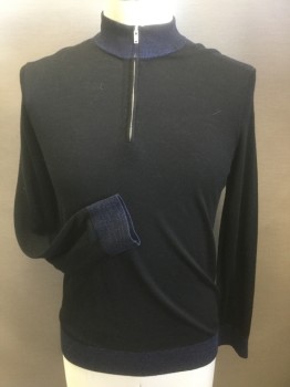 THEORY, Black, Navy Blue, Wool, Synthetic, Solid, Color Blocking, 1/4 Zipper, Mock Turtle Neck, 2 Color Knit at Back Yoke, Navy at Cuffs/Waistband/Collar