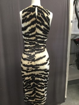 Womens, Cocktail Dress, ROBERTO CAVALLI, Tan Brown, Black, White, Spandex, Polyester, Animal Print, W:24, B:32, H:30, Crew Neck, Sleeveless, Key Hole at Bust, Rouching Detail at Waist with Gold Ornament, Reptile and Tiger Print, Fitted