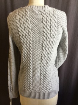 L L BEAN, Lt Gray, Cotton, Cable Knit, Crew Neck, 3 Turtle Shell Buttons at Left Shoulder, Long Sleeves, Ribbed Neck Trim, Cuffs & Hem