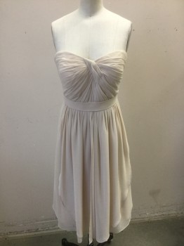 Womens, Cocktail Dress, JENNY YOO, Ecru, Polyester, Solid, 6, Chiffon, Strapless, Sweetheart Bust, Starburst Pleating at Bust, 1.5" Self Waistband, Knee Length, Wrapped Pleated Skirt, Invisible Zipper at Center Back