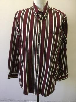 SALMON RIVER, Red Burgundy, White, Navy Blue, Brown, Cotton, Stripes - Vertical , Button Front, Button Down Collar, Long Sleeves, 1 Pocket