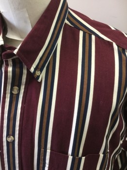 SALMON RIVER, Red Burgundy, White, Navy Blue, Brown, Cotton, Stripes - Vertical , Button Front, Button Down Collar, Long Sleeves, 1 Pocket