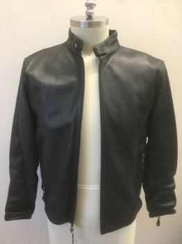 Mens, Leather Jacket, N/L, Black, Leather, Solid, L, Zip Front, Stand Collar, 2 Zip Pockets, Zippers at Cuffs and Side Waist