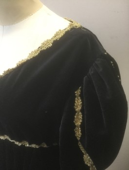 Womens, Historical Fiction Dress, N/L, Black, Gold, Polyester, Solid, W24-32, B:36, Velvet, Gold Lace Trim, Long Sleeves, Empire Waist, Rounded V-neck, Sleeves are Puffy at Shoulders, Fitted Below Elbow, Floor Length,