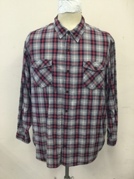 RED HEAD, Lt Gray, Navy Blue, Red, White, Cotton, Plaid, Herringbone, Flannel, Button Front, Collar Attached, Long Sleeves, 2 Flap Pockets