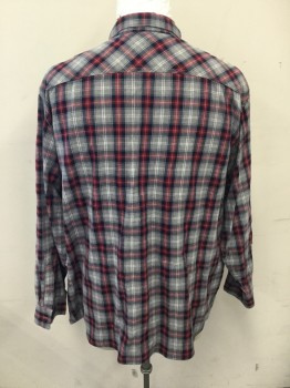 RED HEAD, Lt Gray, Navy Blue, Red, White, Cotton, Plaid, Herringbone, Flannel, Button Front, Collar Attached, Long Sleeves, 2 Flap Pockets