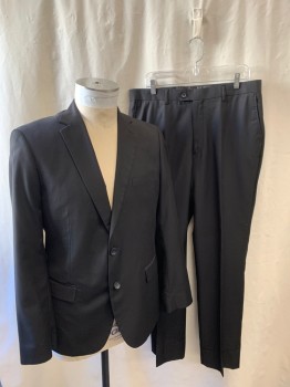 CARLO LUSSO, Black, Polyester, Rayon, Solid, Notched Lapel, Single Breasted, Button Front, 2 Buttons, 3 Pockets