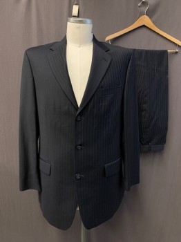 CALVIN KLEIN, Black, Brown, Wool, Stripes - Pin, Black with Brown Pin Stripe, Single Breasted, Collar Attached, Notched Lapel, 3 Buttons,  3 Pockets, Long Sleeves