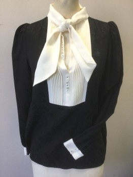 MAYLE, Black, Cream, Silk, Floral, Solid, Black with Self Floral Pattern Crepe, Cream Solid Accent Panel at Chest with Vertical Pleats, Self "Pussy Bow" Style Ties at Neck, Tiny Mother of Pearl Buttons Along Chest Panel, Long Sleeves, Gathered at Shoulder Seams with Puffy Sleeves, Retro 80's/90's Inspired