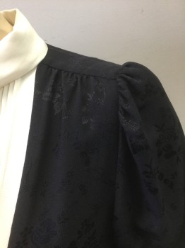 MAYLE, Black, Cream, Silk, Floral, Solid, Black with Self Floral Pattern Crepe, Cream Solid Accent Panel at Chest with Vertical Pleats, Self "Pussy Bow" Style Ties at Neck, Tiny Mother of Pearl Buttons Along Chest Panel, Long Sleeves, Gathered at Shoulder Seams with Puffy Sleeves, Retro 80's/90's Inspired